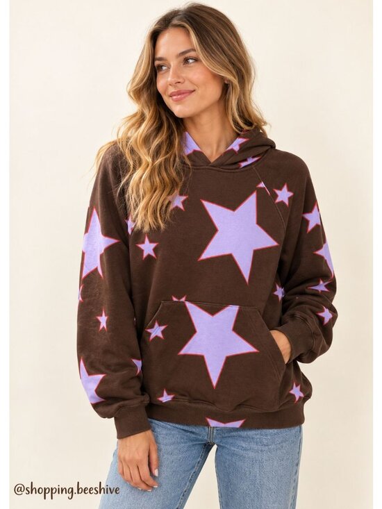 Praying Tops - Praying Brown Lavender Star Print Hoodie Pullover Size XS NWT